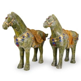 Pair Of Antique Chinese Tessellated Jade Tang Style Horses