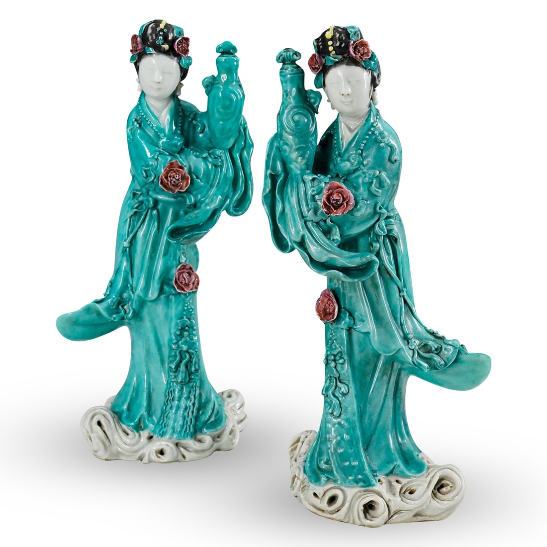 Pair Antique Chinese Turquoise Glaze Guayin Figures: DESCRIPTION: (2 Pc) Chinese antique pair of Famille Rose glazed porcelain figures of Guanyin, with polychrome painted finish depicting a turquoise blue gown, and pink hued floral motifs. CIRCA: 19th C
