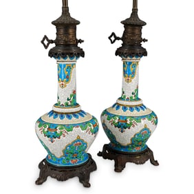Pair Prob. Longwy Faience & Bronze Table Lamps