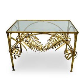 Hollywood Regency Gilt Metal Bamboo Iron Glass Table