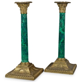 (2 Pc) Faux Malachite & Gilt Bronze Candle Holders