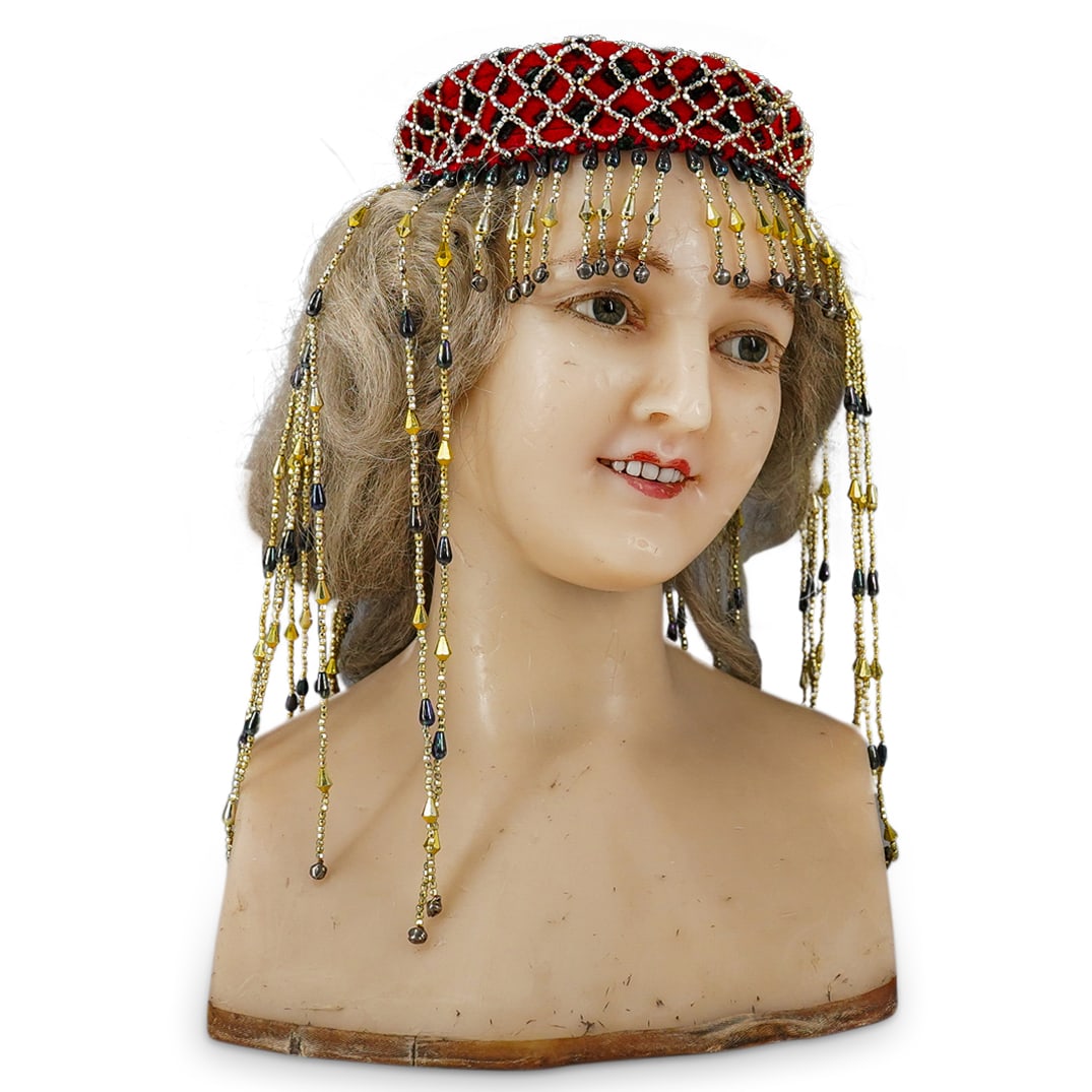 French 1900's Wax Mannequin Bust: DESCRIPTION: French 1900's life size hand poured wax mannequin bust, featuring porcelain teeth, hand painted lips, glass eyes, and hand punched horse hair eyebrows, eyelashes, and hair. Included is a 