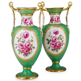 Pair Of Antique Spode Green Porcelain Vases