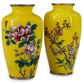 (2 Pc) Japanese Yellow Cloisonne Ginbari Vases