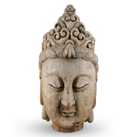Large Chinese Carved Wood Guan Yin Head