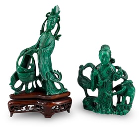 (2 Pc) Chinese Carved Malachite Taoist Immortal & Guan Yin Figurines