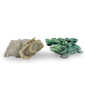 (2 Pc) Antique Chinese Carved Jade Cabbage And Three Footed Frog