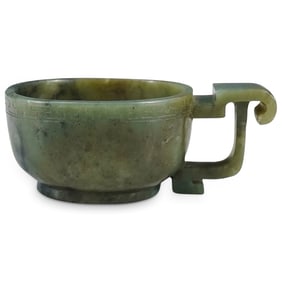 Antique Chinese Carved Spinach Jade Libation Cup