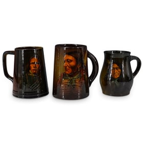 (3 Pc) Antique Glazed Pottery Native American Portrait Mugs