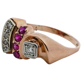 Retro 14k Rose Gold, Diamond and Ruby Ring