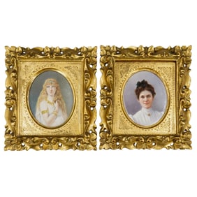 (2 Pc) Antique Hand Painted Framed Lady Portraits