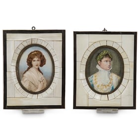 (2 Pc) Antique Napoleon & Queen Louise Portrait Paintings on Bone