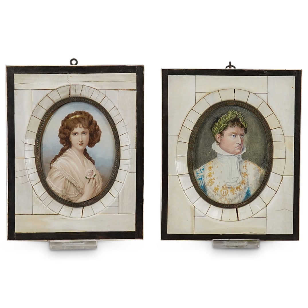 (2 Pc) Antique Napoleon & Queen Louise Portrait Paintings on Bone: DESCRIPTION: Set of 2 antique hand painted oval portraits on bone. The first is a portrait of Queen Louise wearing a white ruffled dress, holding a singular rose. Framed in bone "piano key" frame, wit
