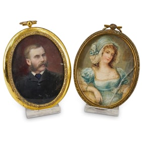 (2 Pc) Antique Hand Painted Miniature Portraits