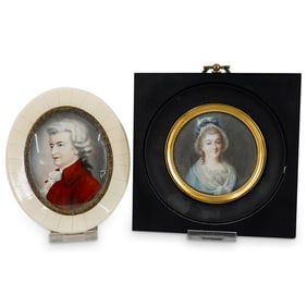 (2 Pc) Miniature Mozart & Lady Painted Portraits