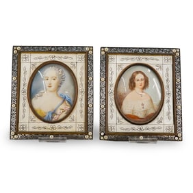 (2 Pc) Antique Painted Portraits In Bone frames
