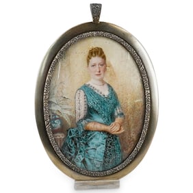 Antique Miniature Hand Painted Portrait in Sterling Silver Frame
