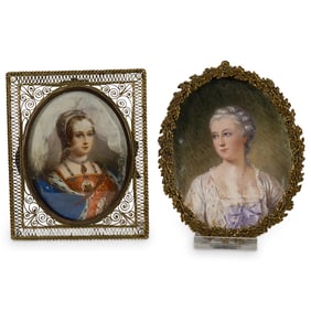 (2 Pc) Antique French Hand Painted Portraits on Bone