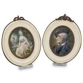 (2 Pc) 19th Century Hand Painted Oil Portraits on Bone