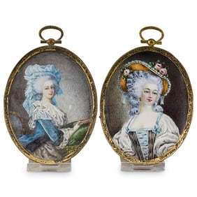 (2 Pc) 18th Century Hand Painted Lady Portraits on Bone