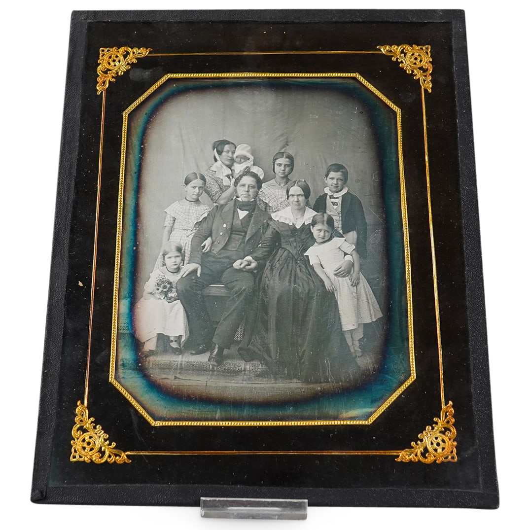 Antique Daguerreotype Family Portrait: DESCRIPTION: Antique daguerreotype photograph depicting a family. Inscription in German at reverse. CIRCA: Mid 19th century; per inscription, circa 1844. ORIGIN: Possibly German DIMENSIONS: (Sight) H:
