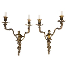 (2 Pc) Antique French Bronze Figural 2-Arms Wall Sconces