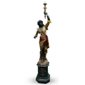 Antique Italian Orientalist Carved Wood Figural Lamp On Base
