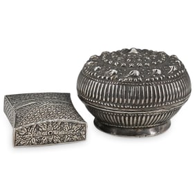 (2 Pc) Vintage Burmese Sterling Silver Dresser & Tobacco Boxes