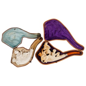 (2 Pc) Antique Carved Meerschaum Smoking Pipes