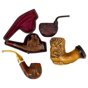 (4 Pc) Carved Wood & Meerschaum Smoking Pipes