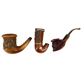 (3 Pc) Vintage Carved Wood Smoking Pipes