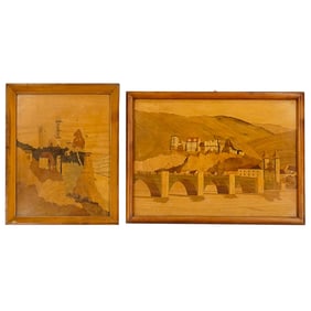 (2 Pc) Antique German Marquetry Tray Set