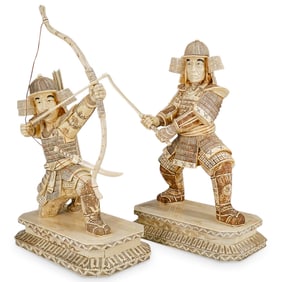 Pair Of Vintage Chinese Carved Tessellated Bone Warriors