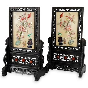 Pair Chinese Semi Precious Stone, MOP & Wood Table Screens