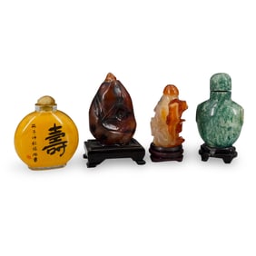 (4 Pc) Antique Chinese Glass And Carved Stone Snuff Bottles