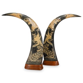 Pair Of Antique Chinese Mirrored Carved Buffalo Horns