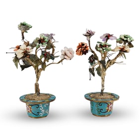 Pair Of Chinese Stone Trees In Cloisonne Planters