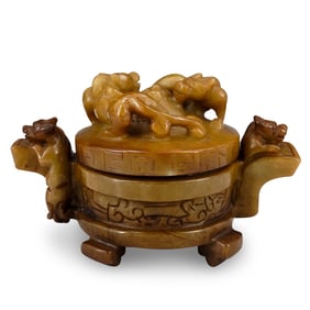 Antique Chinese Tripod chilong Soapstone Box