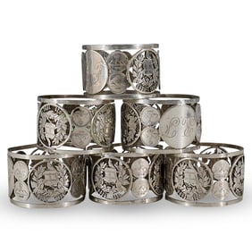 (6 Pc) Guatemalan Coin Silver Napkin Rings Set