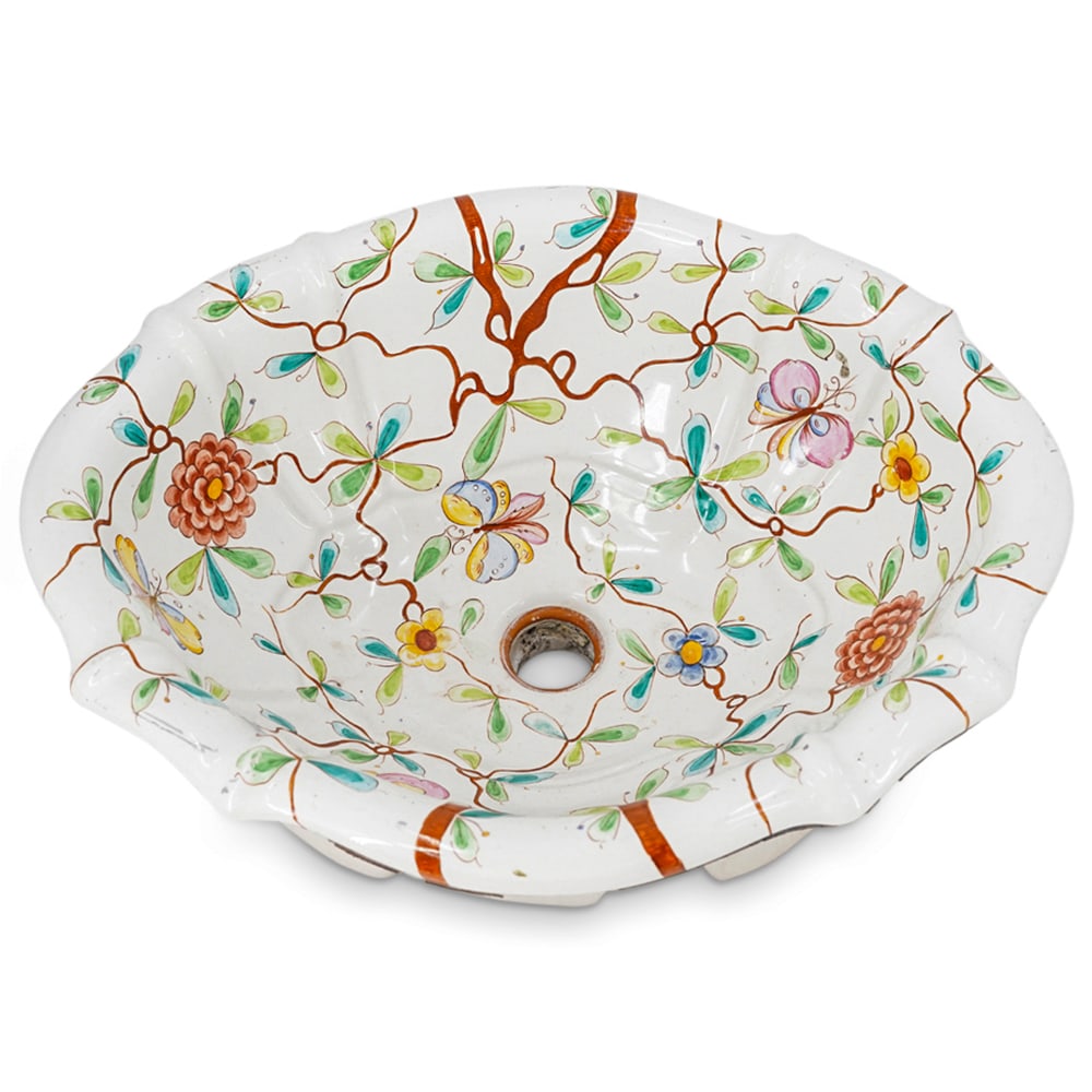 Vintage Italian Sherle Wagner Porcelain Sink: DESCRIPTION: Sherle Wagner porcelain sink, Piece is decorated in its bowl with blossoming branches populated by polychrome butterflies. Marked on side "SHERLE WAGNER ITALY". CIRCA: 20th Century ORIGIN