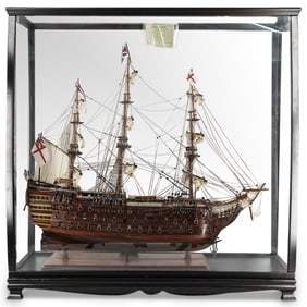 Large H.M.S. Victory Model Ship In Glass Case