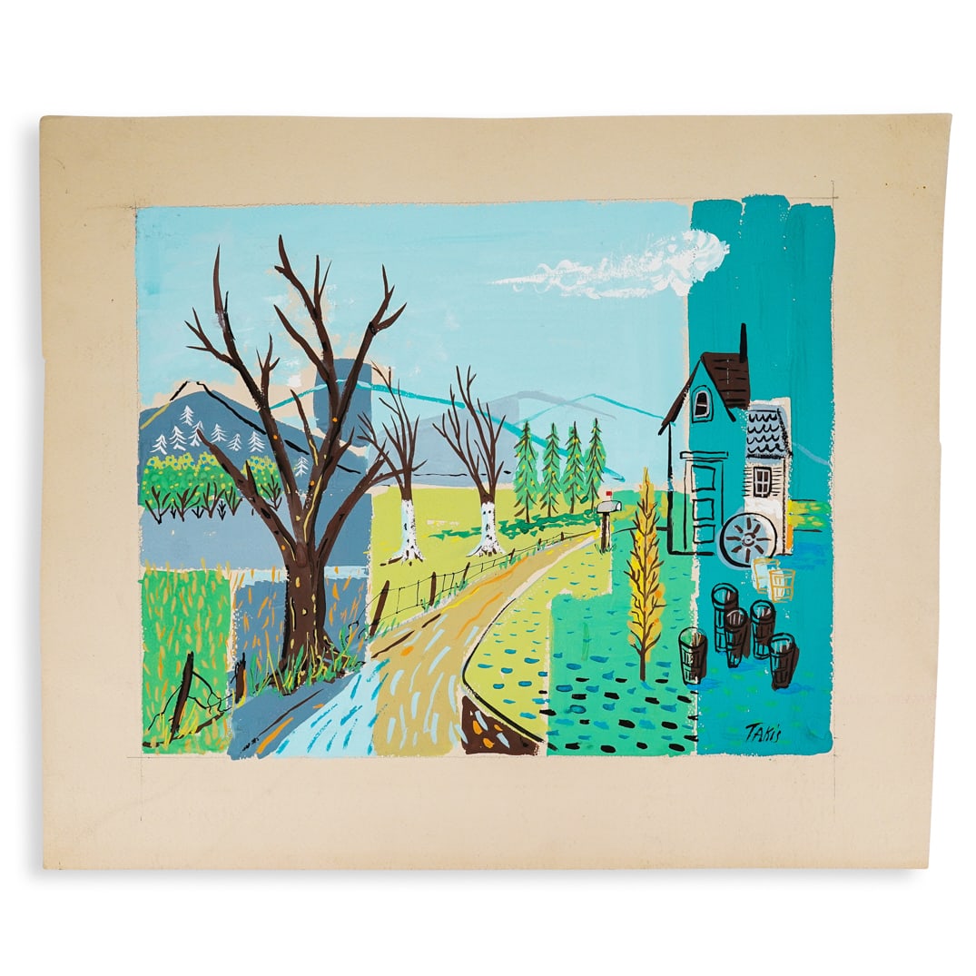 Nicholas Takis (American, 1903-1965) Oil On Paper Landscape Painting: DESCRIPTION: Oil on paper painting by Nicholas Takis (American, 1903-1965) depicting a landscape. Signed at lower right. CIRCA: 20th century ORIGIN: American DIMENSIONS: (Sheet) H: 21.75" W: 25.75" CO