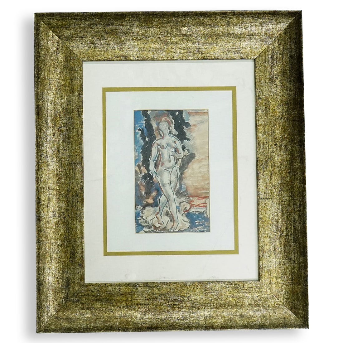 Rene Buthaud (French, 1886–1986) Standing Figure Gouache On paper: DESCRIPTION: Gouache on paper by Rene Buthaud depicting a standing nude figure. Signed at lower right. Mounted in a wooden frame. CIRCA: Early to mid-20th Century ORIGIN: France DIMENSIONS: With frame
