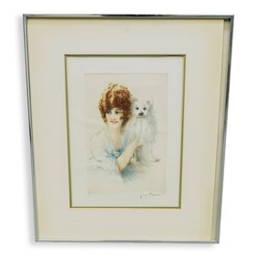 Jacques Tremeune (French, XIX-XX) Girl With Dog Lithograph