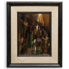 Oil On Canvas On Board City Scene In The Style Of Lyonel Feininger