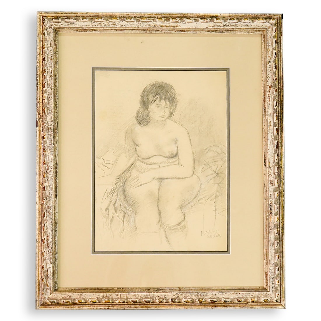 Raphael Soyer (American, 1899-1987) Mixed Media Sketch: DESCRIPTION: Mixed media sketch or study by Raphael Soyer (American, 1899-1987) depicting a nude woman. Signed at lower right. CIRCA: Early 20th century ORIGIN: American DIMENSIONS: H: 8.25" L: 7.25"