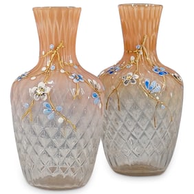 (2 Pc) Antique Bohemian Harrach Enameled Art Glass Vases