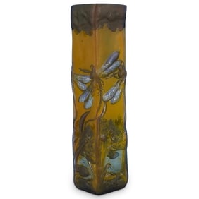 After Emile Galle Cameo Glass Square Dragonfly Vase