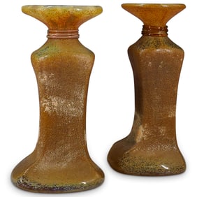 (2 Pc) Vintage Yellow Crackle Glass Candle Holders