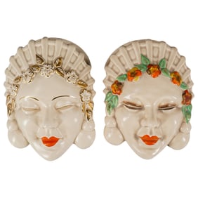 (2 Pc) Clarice Cliff Lady Face Ceramic Wall Pockets